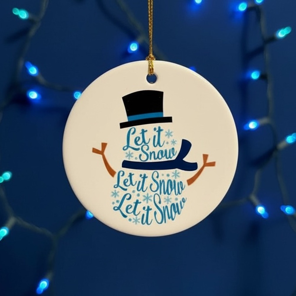 Snowman Let it Snow Ceramic Ornament with Black Blue & Brown Accents with box
